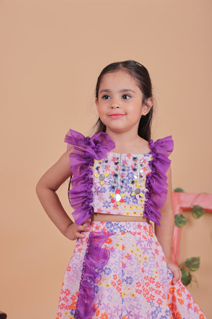 soft pastel multi-colored ruffle lehenga set