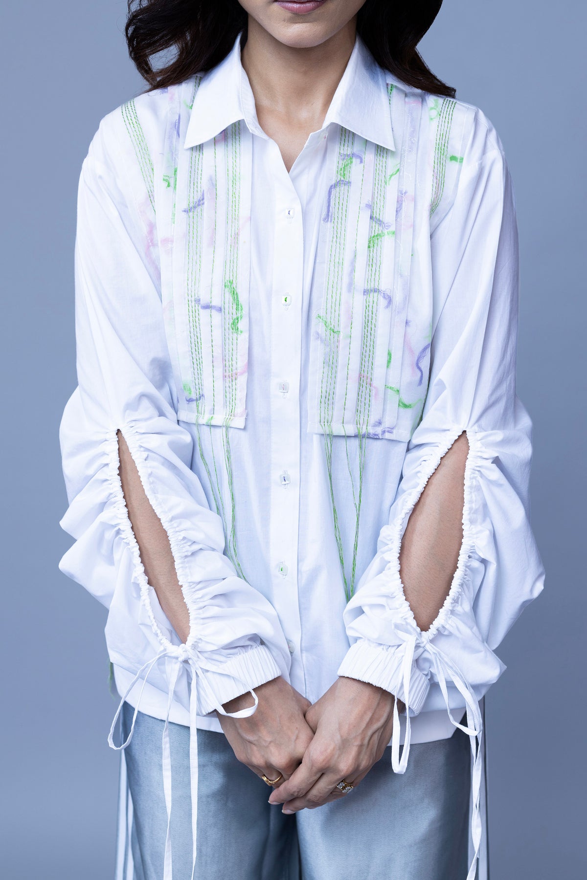 WHITE COLOR SHIRT WITH MULTI COLOR THREAD PATHCH