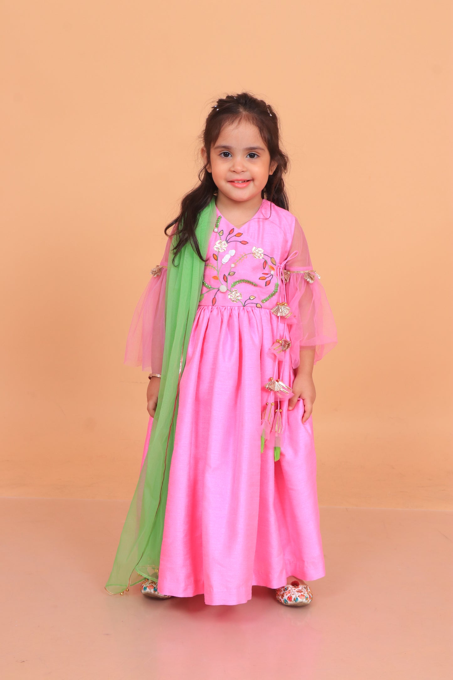 Pink Dupion Silk Embroidered Thread Angarkha Anarkali With Dupatta