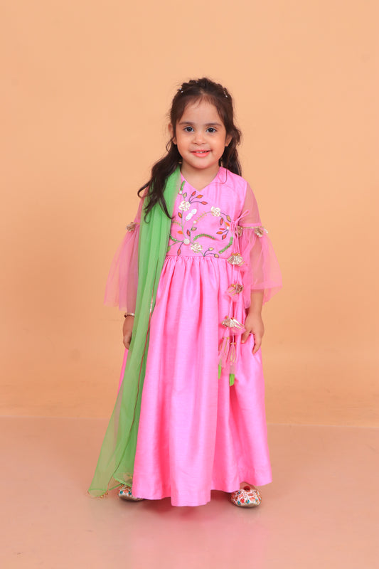 Pink Dupion Silk Embroidered Thread Angarkha Anarkali With Dupatta