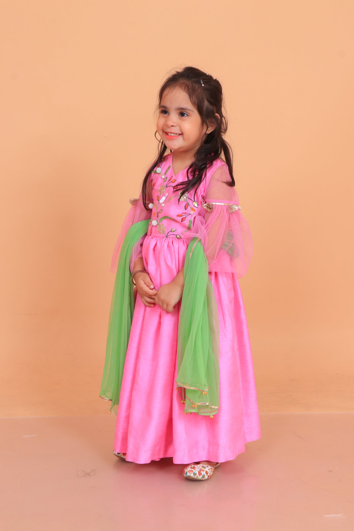 Pink Dupion Silk Embroidered Thread Angarkha Anarkali With Dupatta