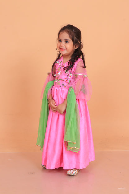 Pink Dupion Silk Embroidered Thread Angarkha Anarkali With Dupatta