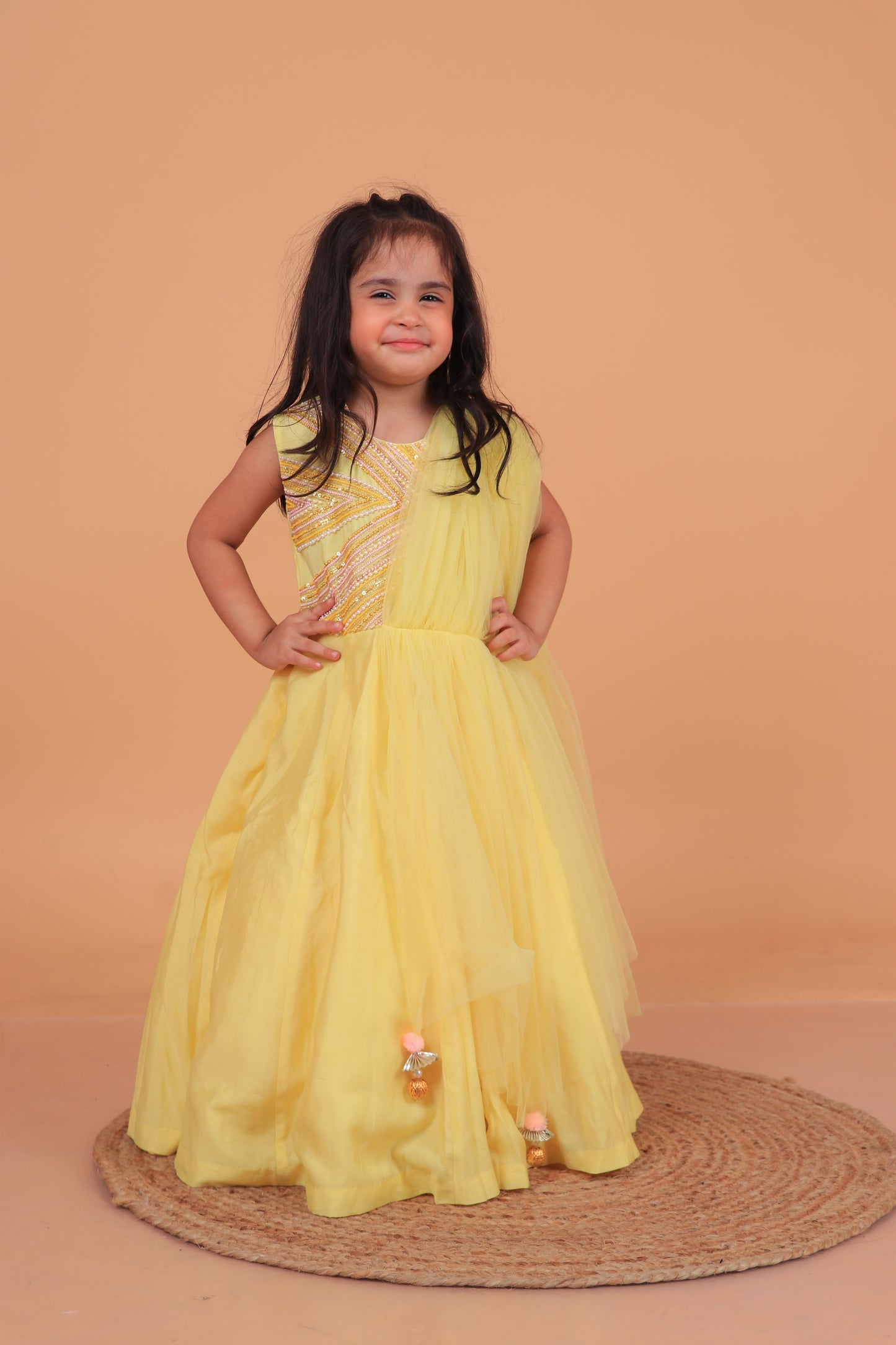 Yellow Sequins And Beads Embroidered Chanderi Gown With Attached Dupatta