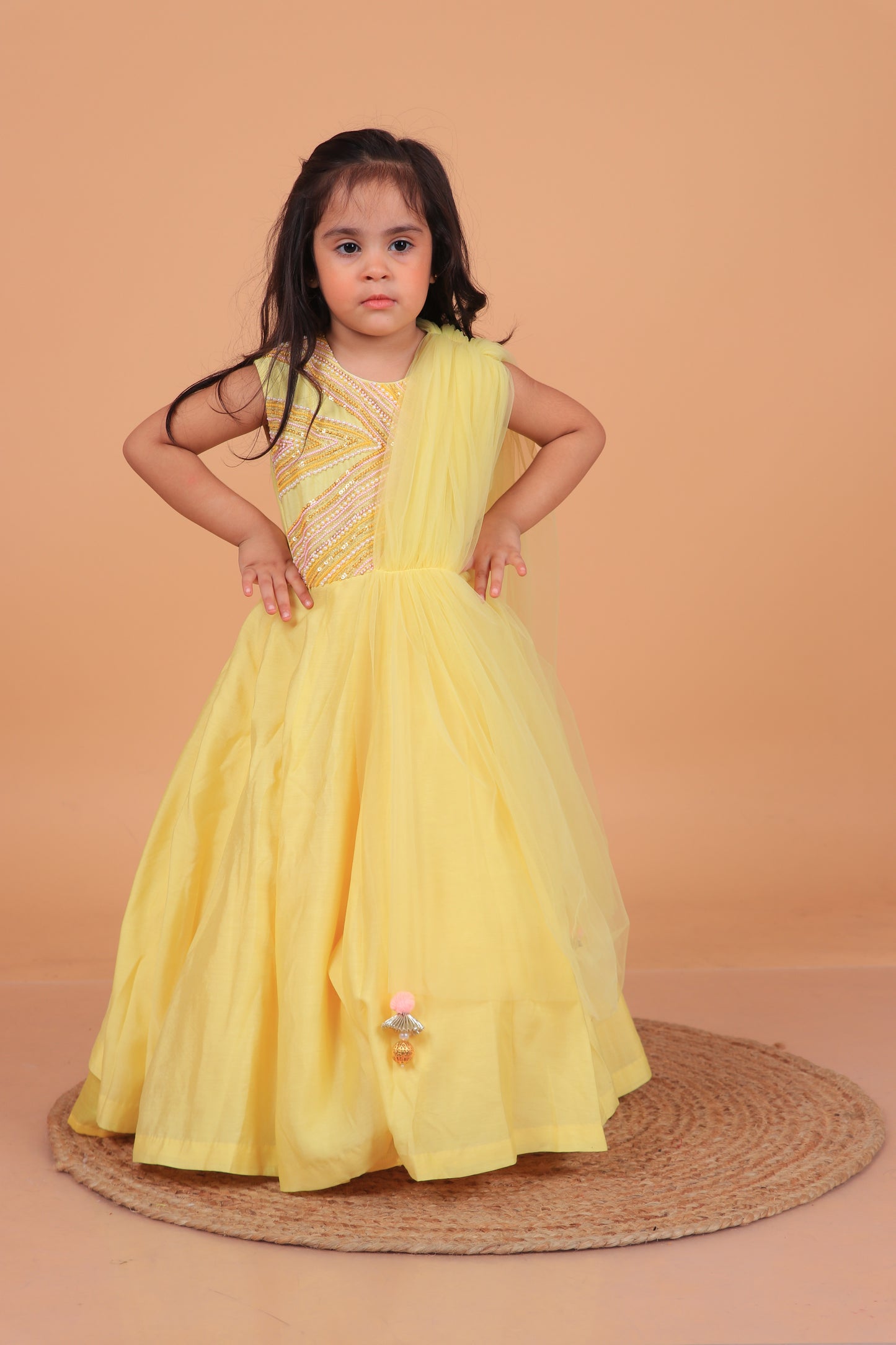 Yellow Sequins And Beads Embroidered Chanderi Gown With Attached Dupatta