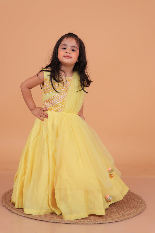 Yellow Sequins And Beads Embroidered Chanderi Gown With Attached Dupatta
