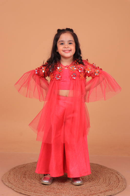 Hot Pink Embroidered Cape Set with Bustier & Sharara