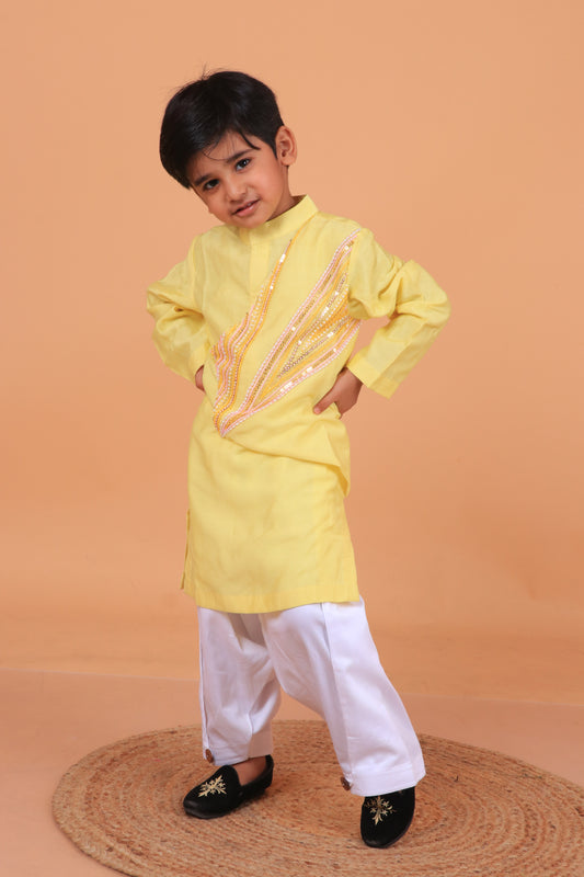 Yellow Hand Embroidered Chanderi Kurta With Satin Pant Set