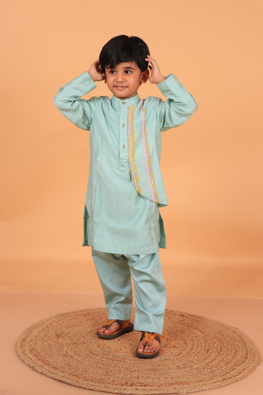 Sage Green Embroidered Chanderi Kurta With Pyjama Set