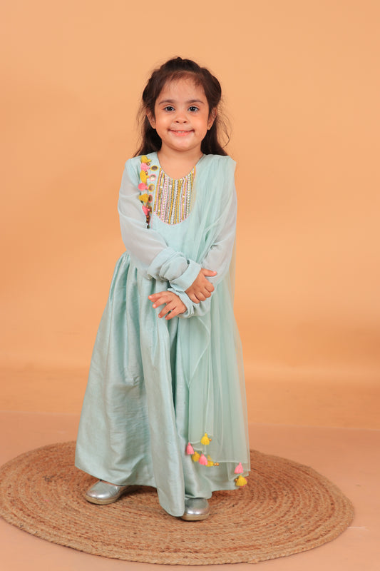 Sage Green Embroidered And Handmade Tassels Detailing Anarkali With Dupatta