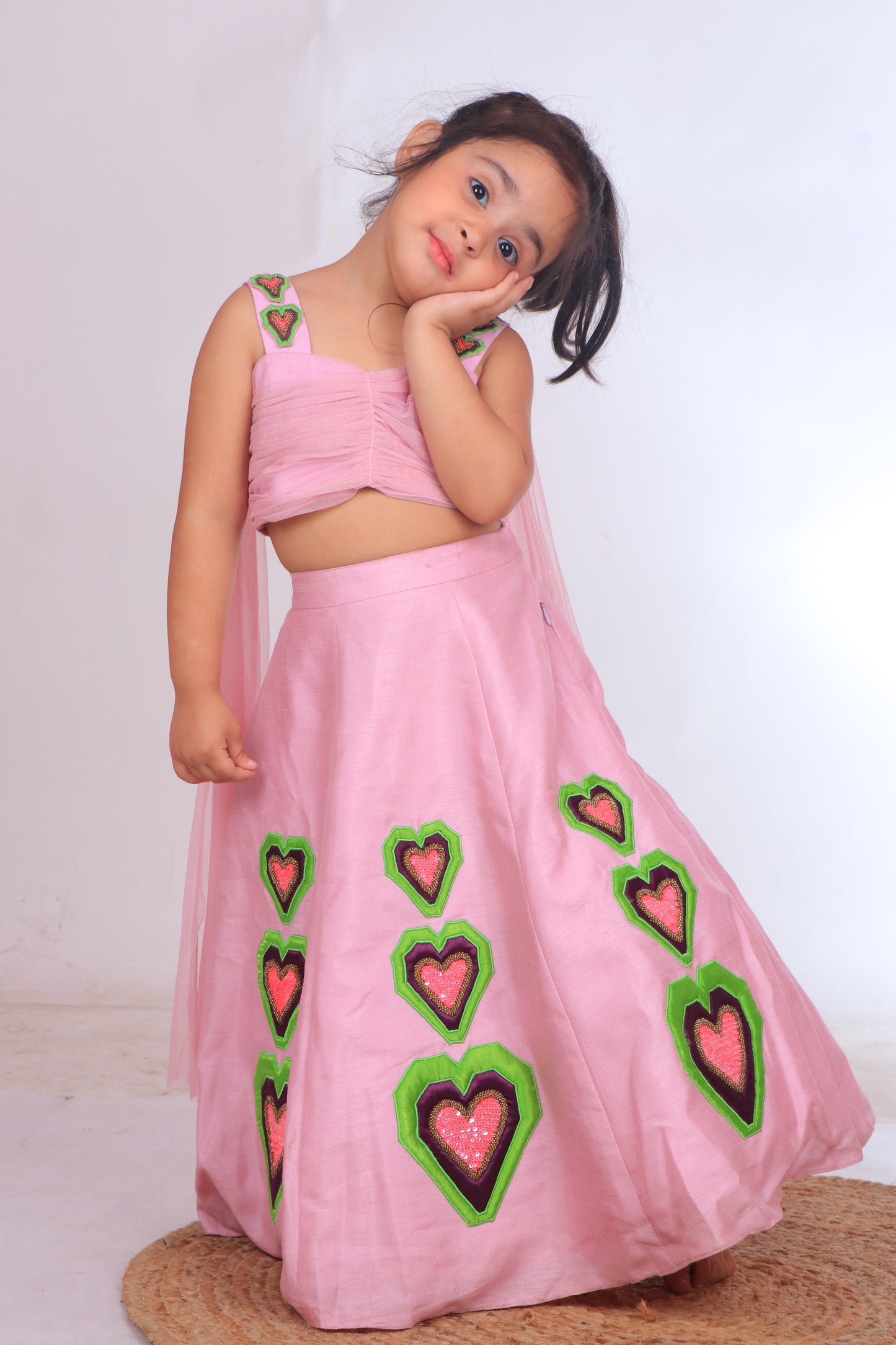 Lilac Pink Dupion Silk Embroidered Heart Applique Bustier And Lehenga Set