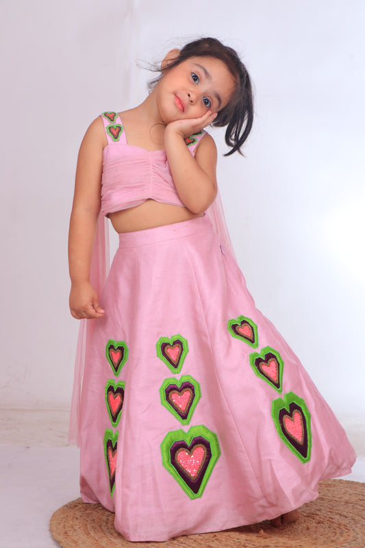 Lilac Pink Dupion Silk Embroidered Heart Applique Bustier And Lehenga Set