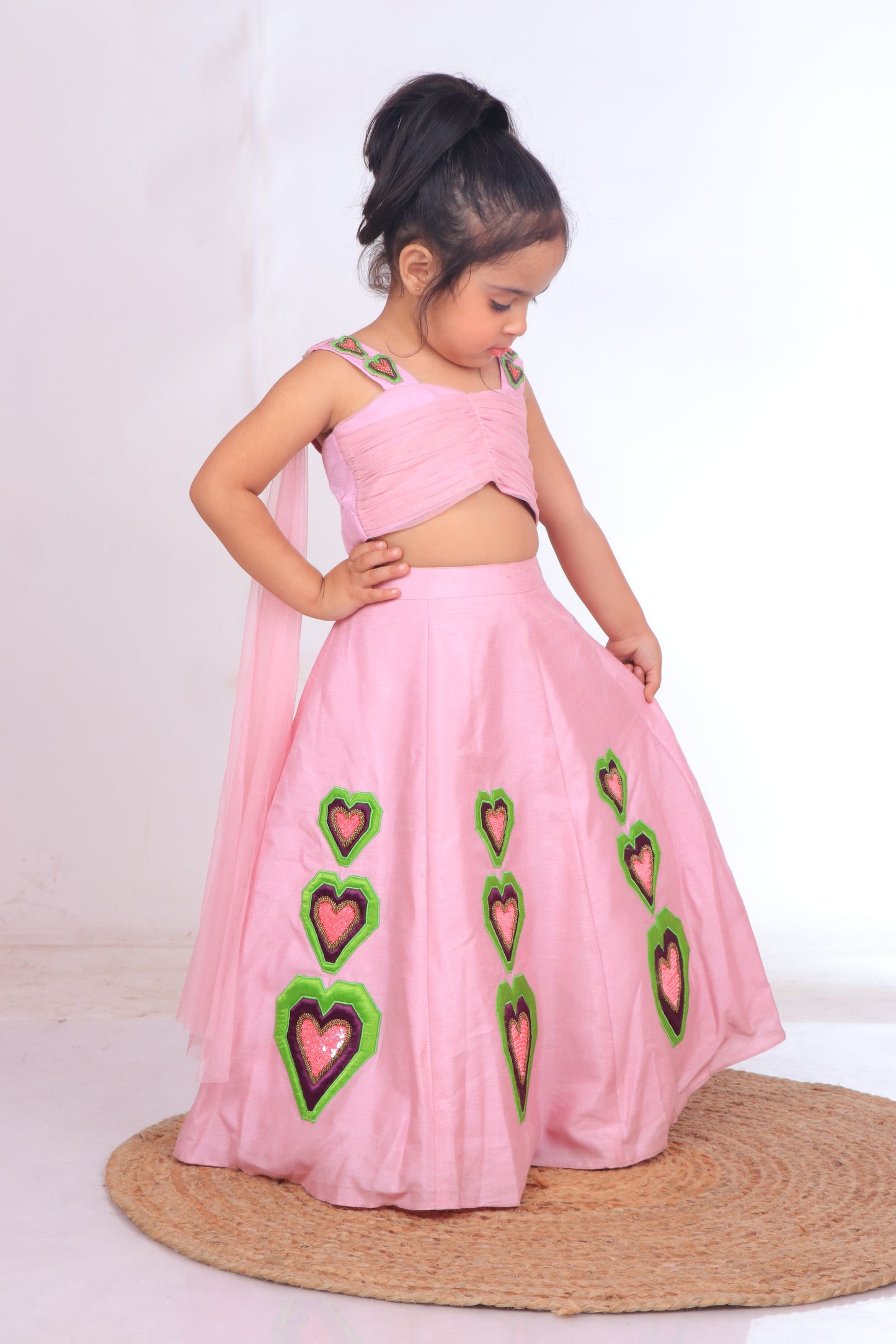 Lilac Pink Dupion Silk Embroidered Heart Applique Bustier And Lehenga Set