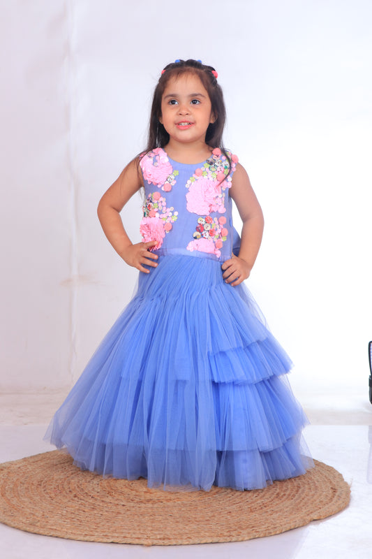 Powder Blue Sequins embroidered Frill Gown
