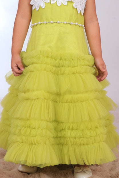 Neon Yellow Dupion Silk Embroidered 3d Applique Yoke Tiered Dress