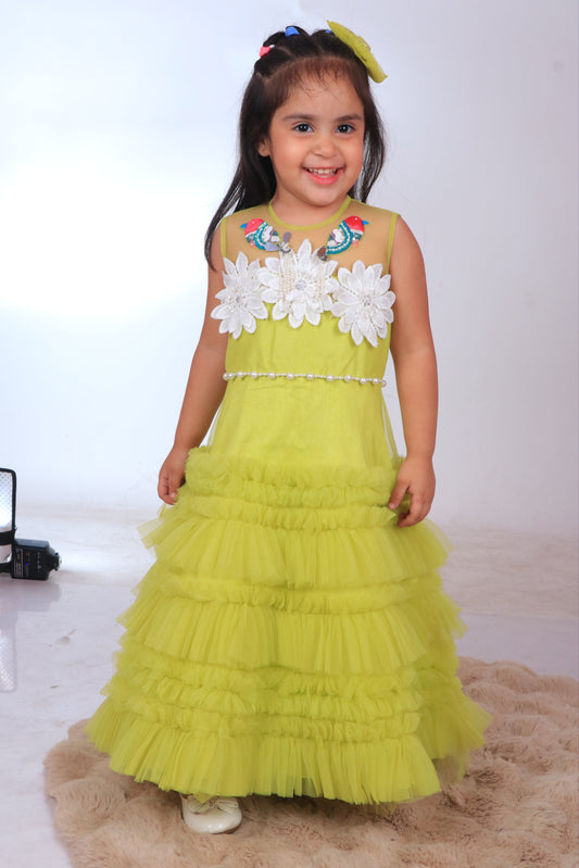 Neon Yellow Dupion Silk Embroidered 3d Applique Yoke Tiered Dress