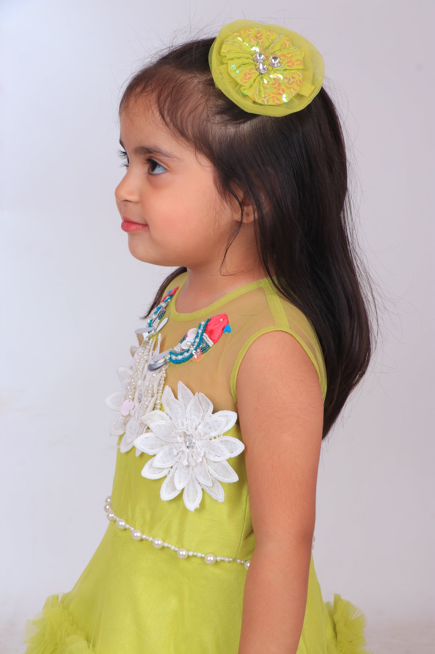 Neon Yellow Dupion Silk Embroidered 3d Applique Yoke Tiered Dress
