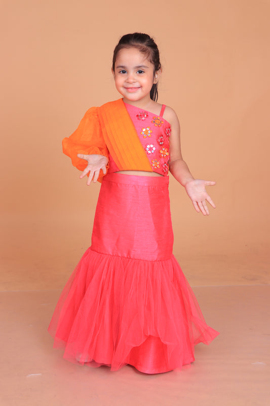 Hot Pink Dupion Silk Embroidered Thread And Mirror Work Blouse & Lehenga Set