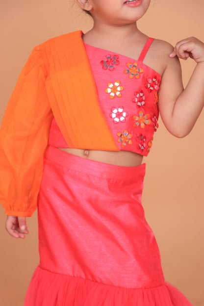 Hot Pink Dupion Silk Embroidered Thread And Mirror Work Blouse & Lehenga Set