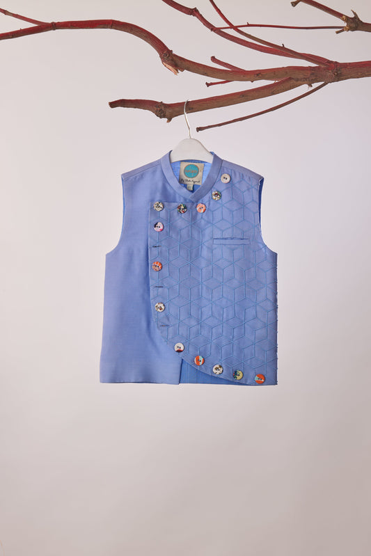 Powder Blue Embroidered Chanderi Nehru Jacket