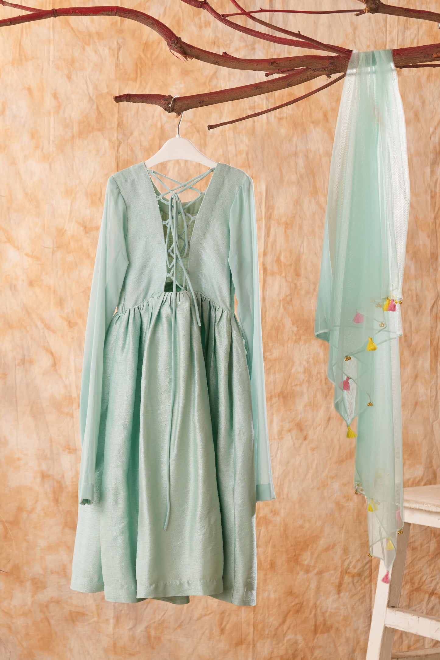 Sage Green Embroidered And Handmade Tassels Detailing Anarkali With Dupatta