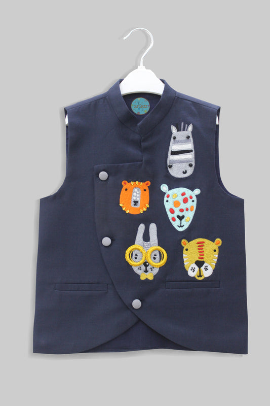 Cartoon faces embroidered blue nehru jacket