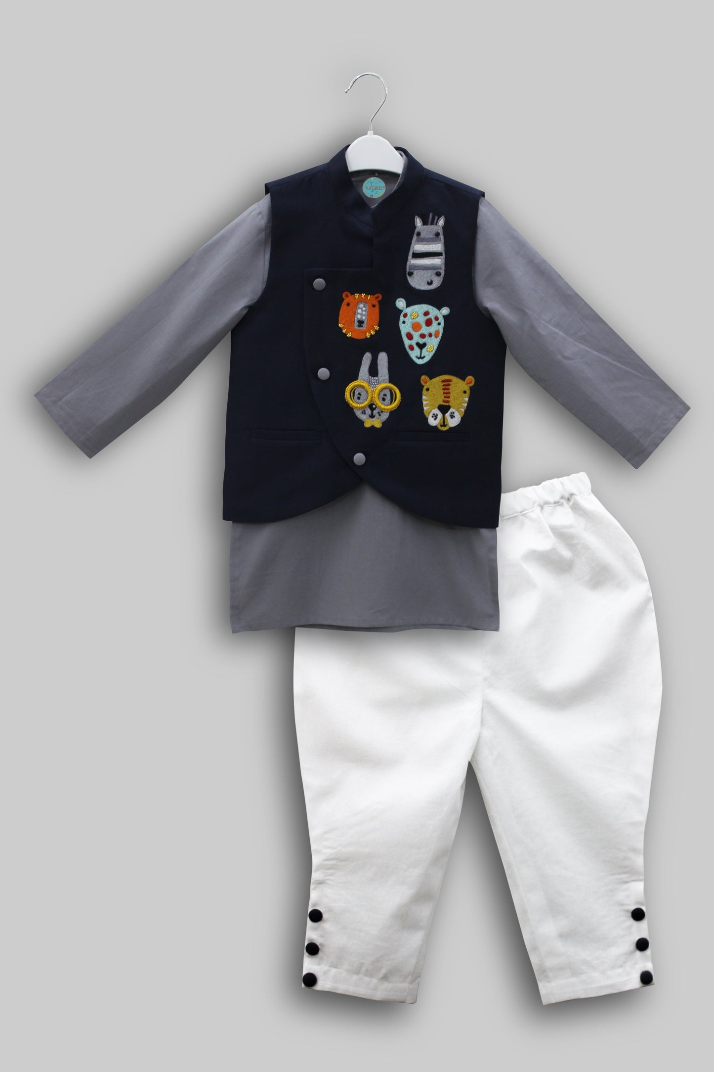 Cartoon faces embroidered nehru jacket and kurta with jodhpuri pants