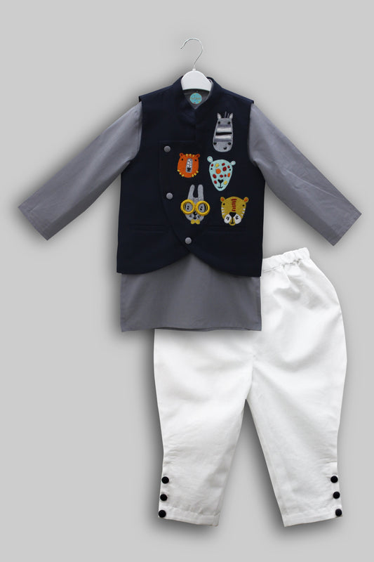 Cartoon faces embroidered nehru jacket and kurta with jodhpuri pants