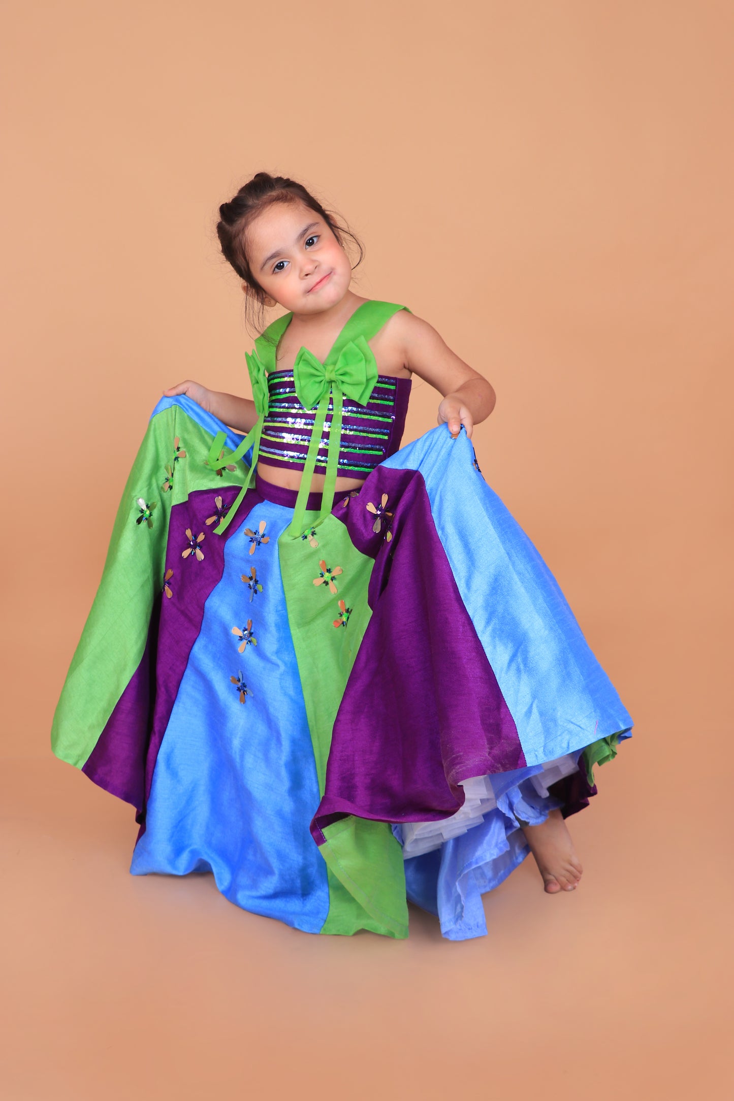 Purple Embroidered Choli With Statement Bow Design Paired With Multicolor Embroidered Lehenga Set