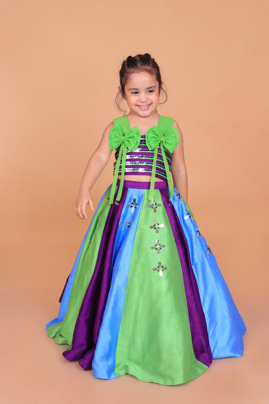 Purple Embroidered Choli With Statement Bow Design Paired With Multicolor Embroidered Lehenga Set