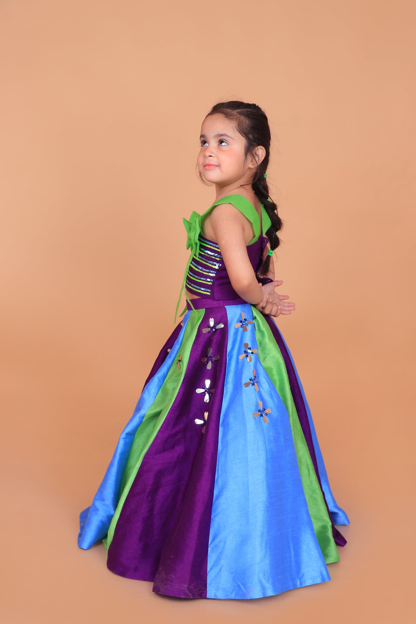 Purple Embroidered Choli With Statement Bow Design Paired With Multicolor Embroidered Lehenga Set