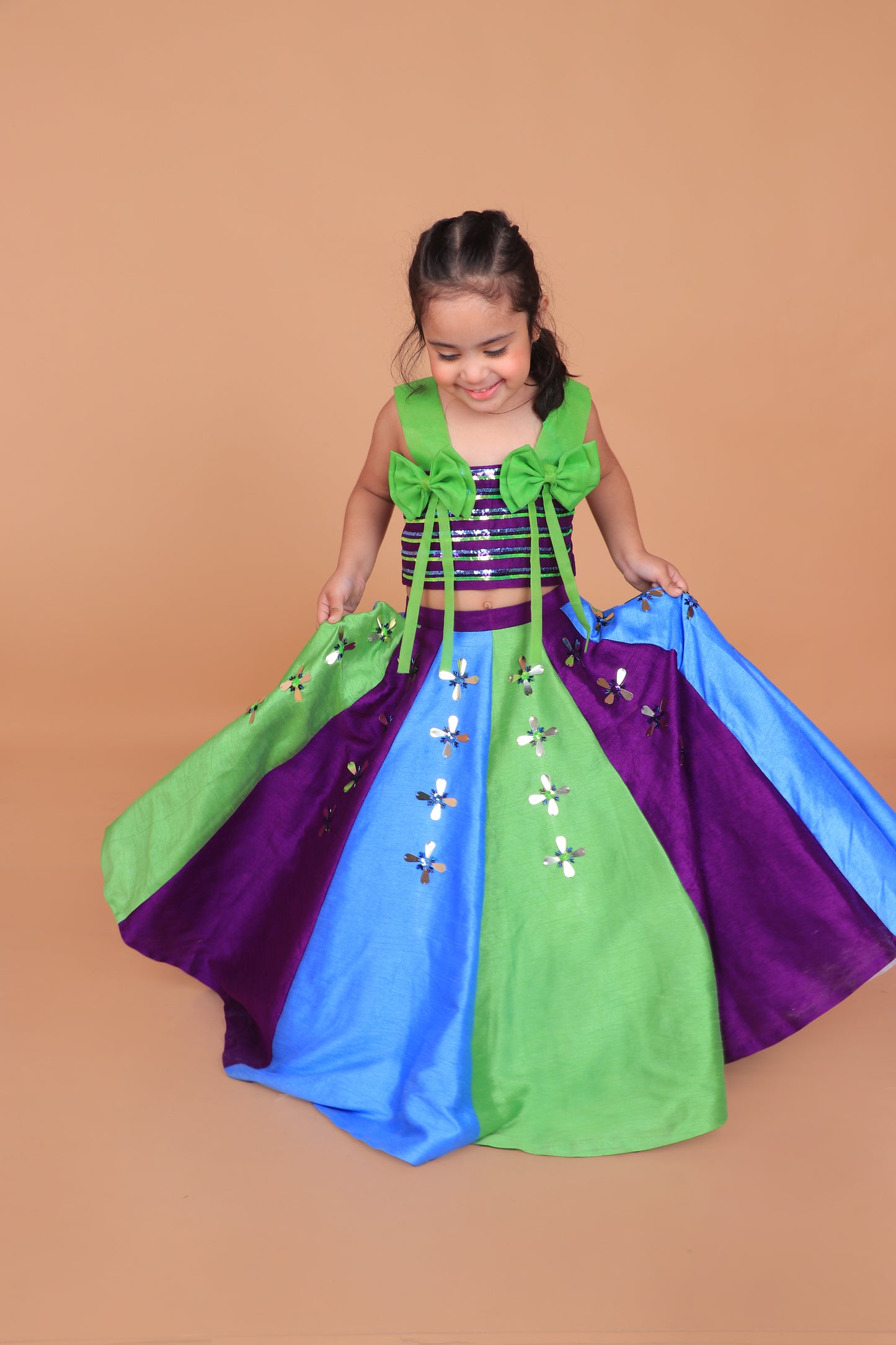 Purple Embroidered Choli With Statement Bow Design Paired With Multicolor Embroidered Lehenga Set