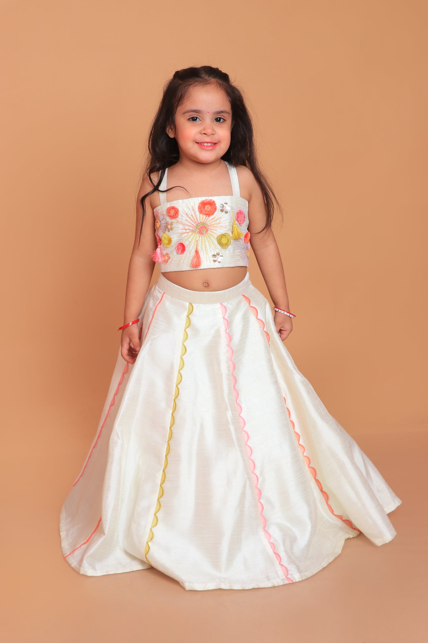 Off White Embroidered Top With Attached Dupatta And Lehenga Set