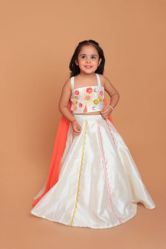 Off White Embroidered Top With Attached Dupatta And Lehenga Set