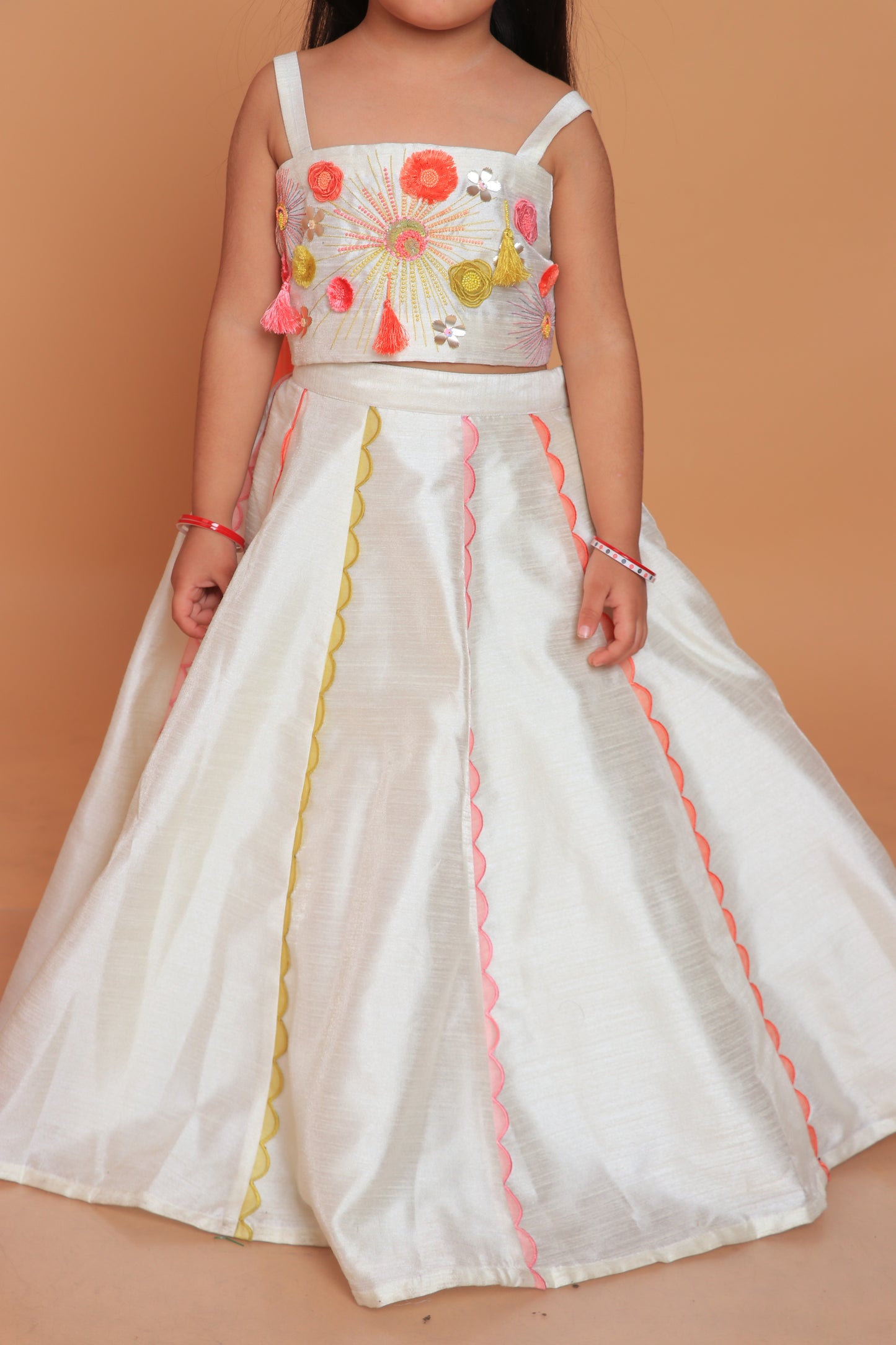Off White Embroidered Top With Attached Dupatta And Lehenga Set