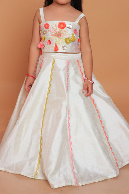Off White Embroidered Top With Attached Dupatta And Lehenga Set