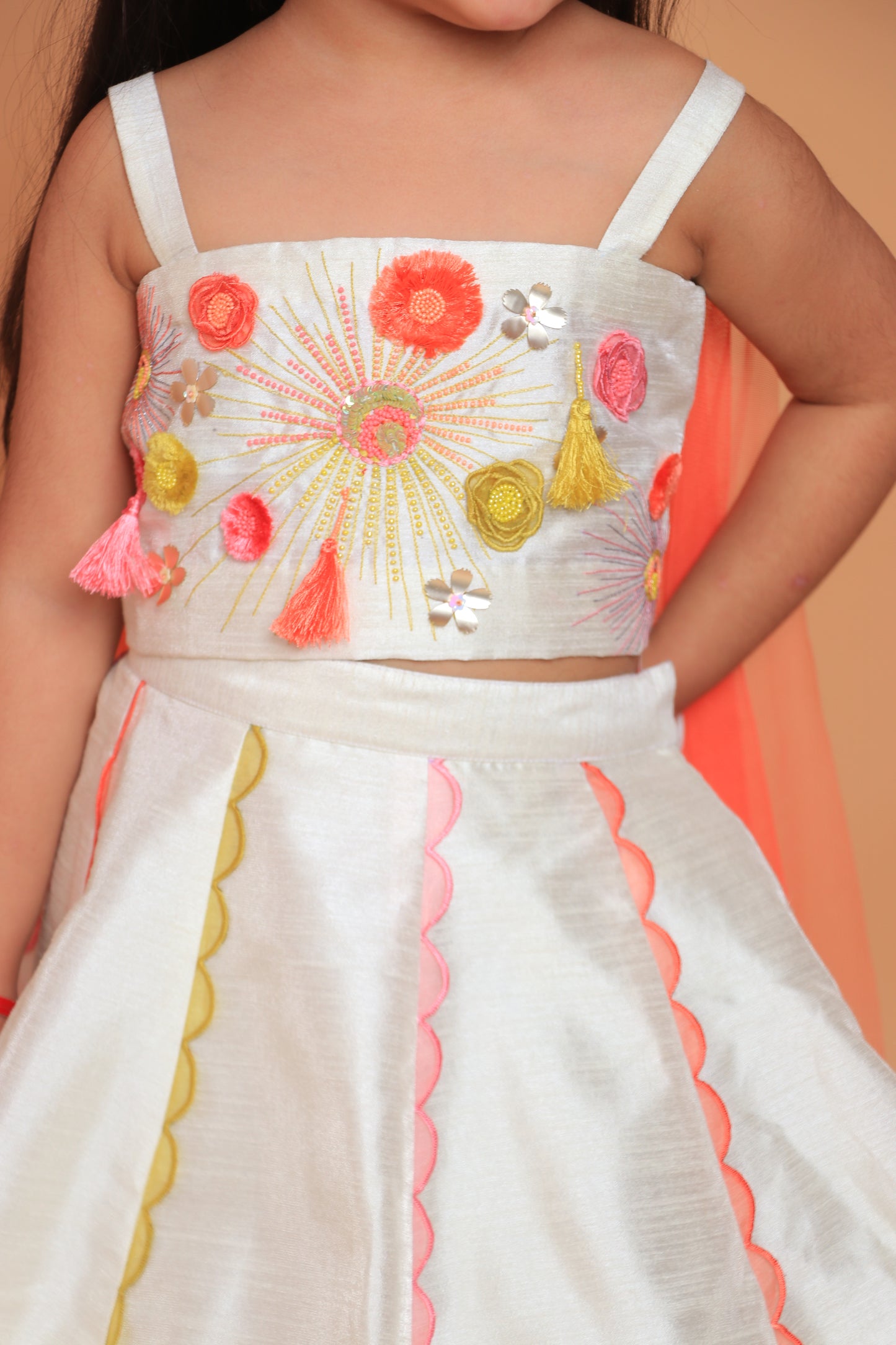 Off White Embroidered Top With Attached Dupatta And Lehenga Set