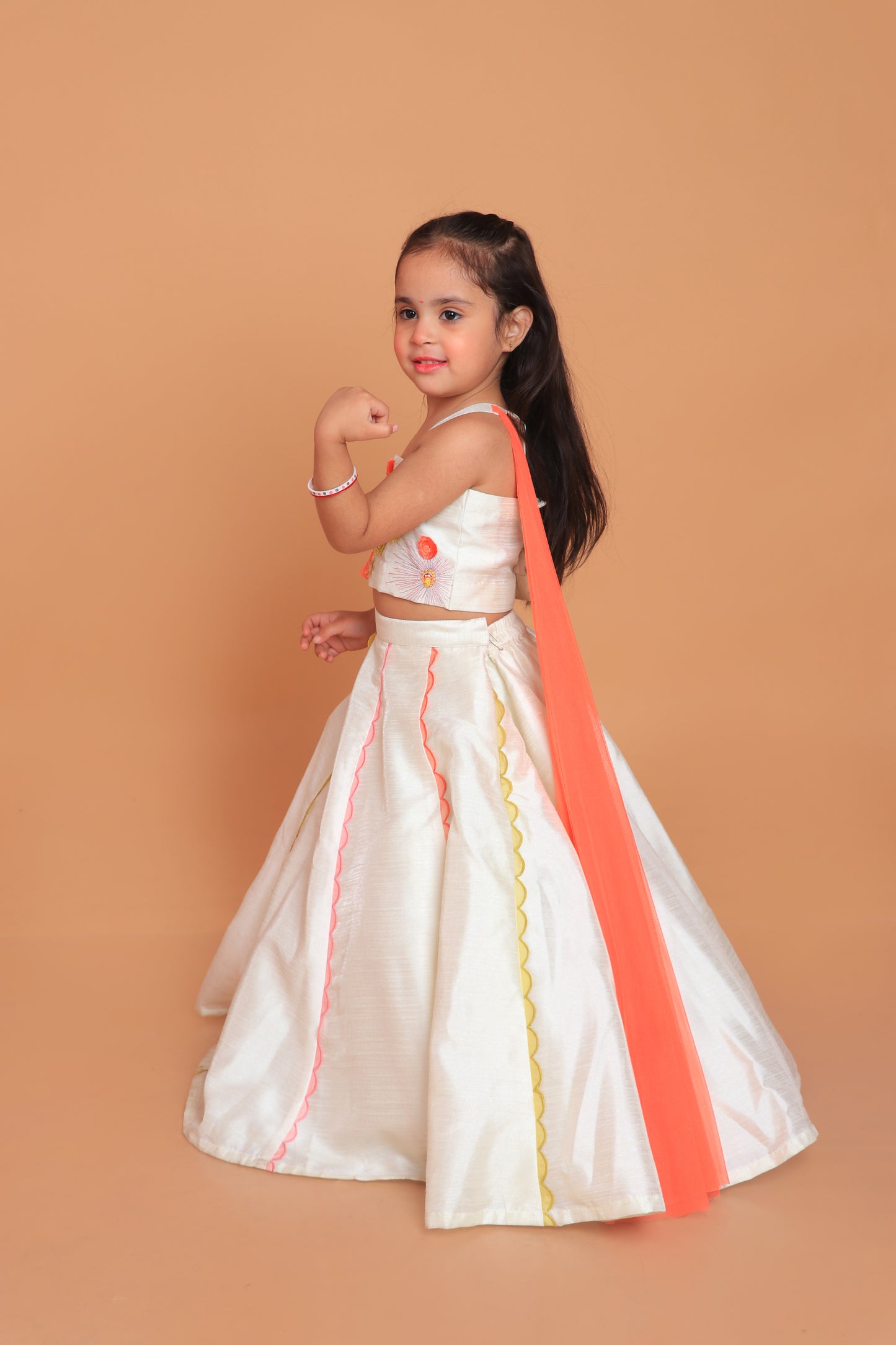 Off White Embroidered Top With Attached Dupatta And Lehenga Set