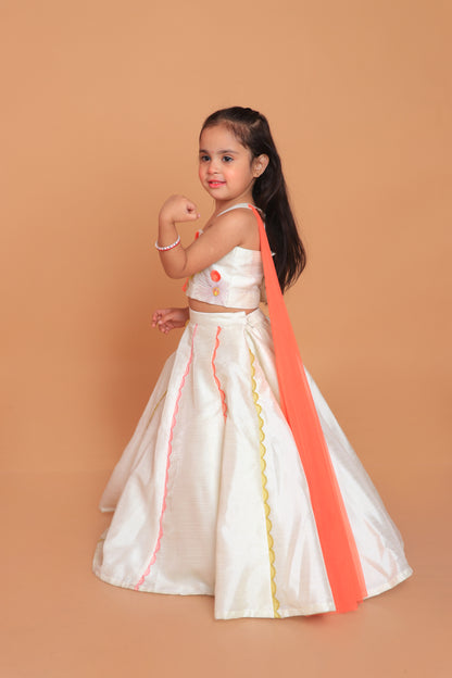 Off White Embroidered Top With Attached Dupatta And Lehenga Set