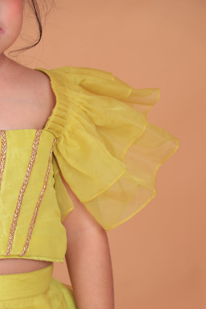 Yellow Organza Embellished Top With Embroidered Lehenga Set