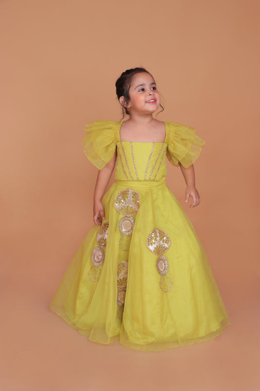 Yellow Organza Embellished Top With Embroidered Lehenga Set