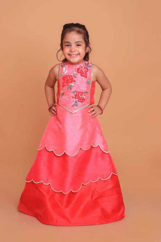Hot Pink Embroidered Choli With Multicolor Layered Lehenga Set