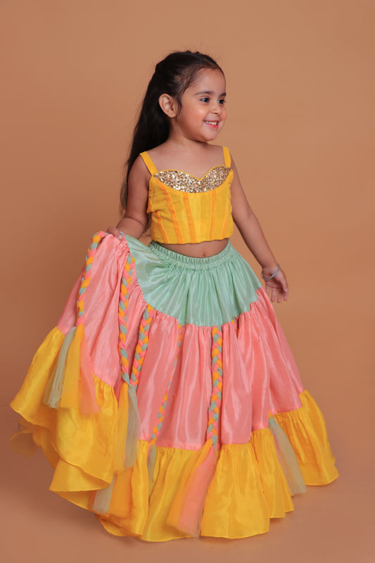 Yellow Embroidered Choli With Braided Mutlicolor Lehenga Set