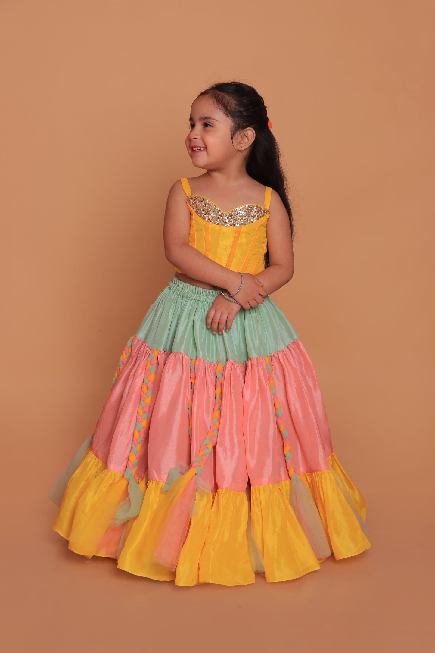 Yellow Embroidered Choli With Braided Mutlicolor Lehenga Set