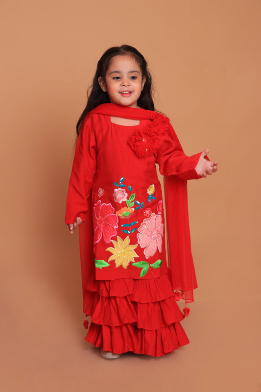 Red Embroidered Kurta With Layered Sharara And Dupatta Set