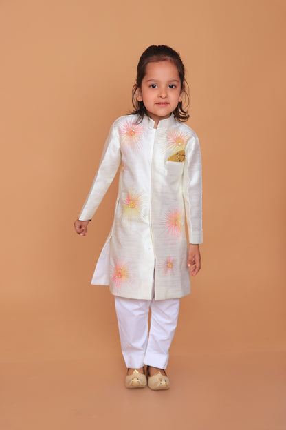Off White Dupion Raw Silk Embroidered Sherwani With Pant Set