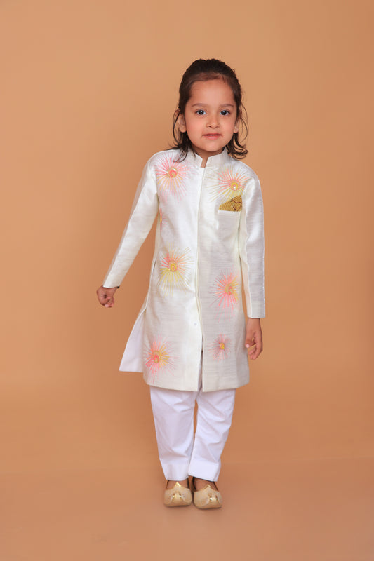 Off White Dupion Raw Silk Embroidered Sherwani With Pant Set