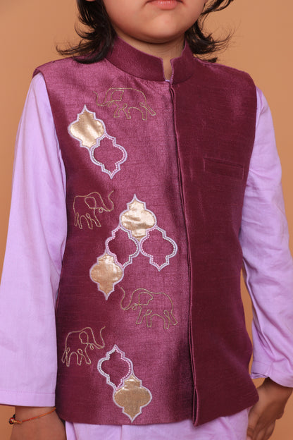 Purple Embroidered Dupion Raw Silk Jacket And Kurta With Pant Set
