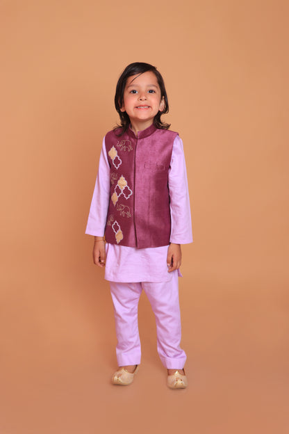 Purple Embroidered Dupion Raw Silk Jacket And Kurta With Pant Set