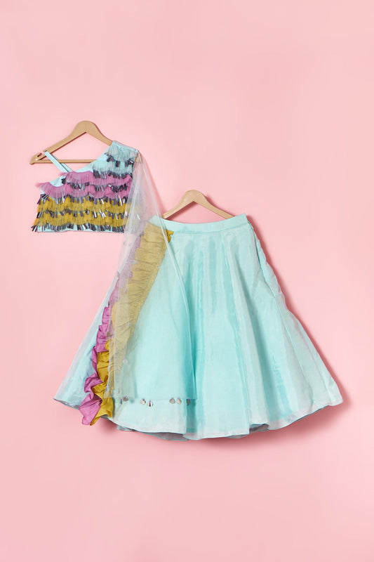 Multi-colored embroidered choli with attached dupatta with lehenga