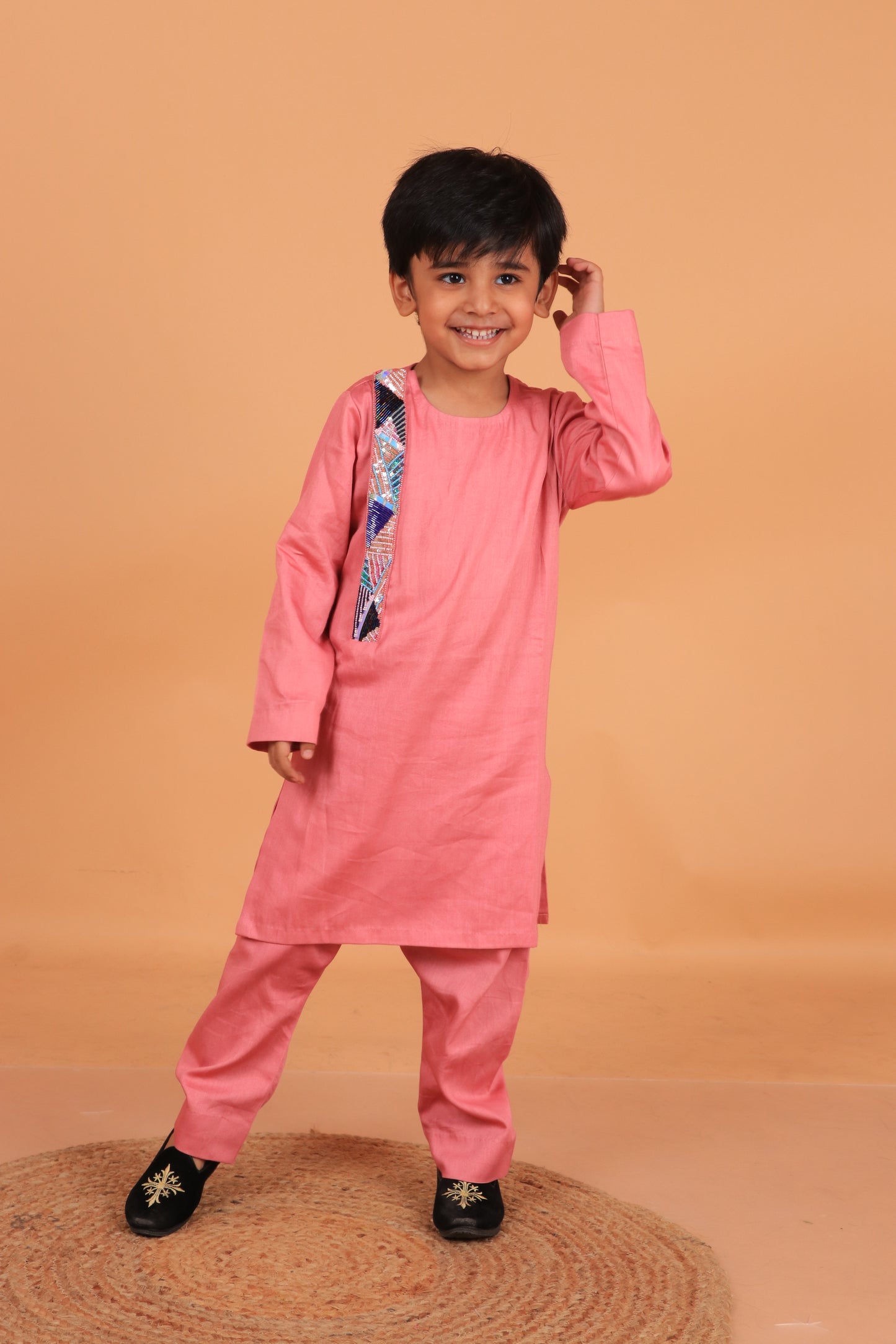 Pastel Pink Cotton Satin Embellished Kurta Set For Boys